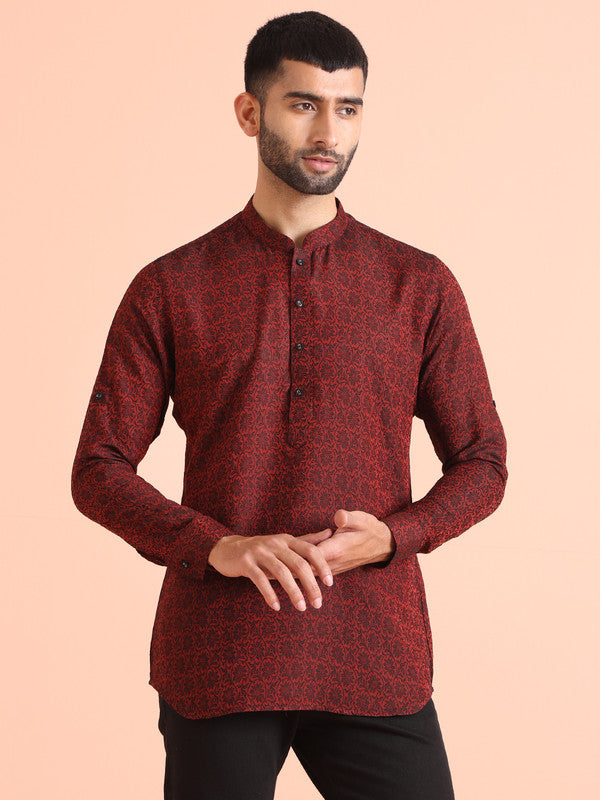 Red Printed Cotton Blend Short Kurta | SHOBITAM