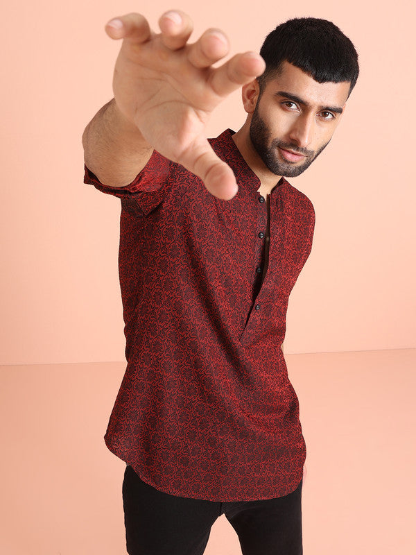 Red Printed Cotton Blend Short Kurta | SHOBITAM