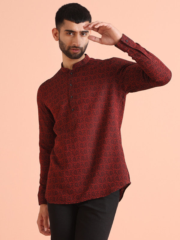 Red Printed Cotton Blend Short Kurta | SHOBITAM