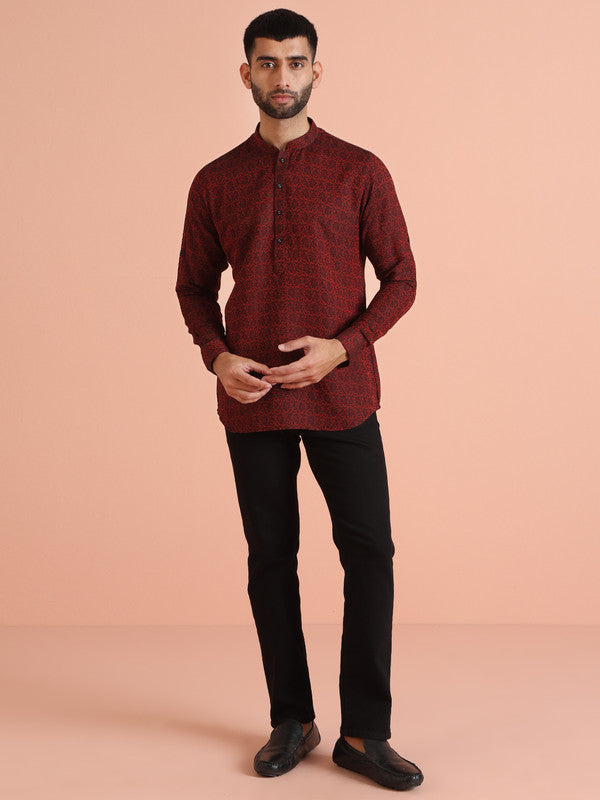 Red Printed Cotton Blend Short Kurta | SHOBITAM