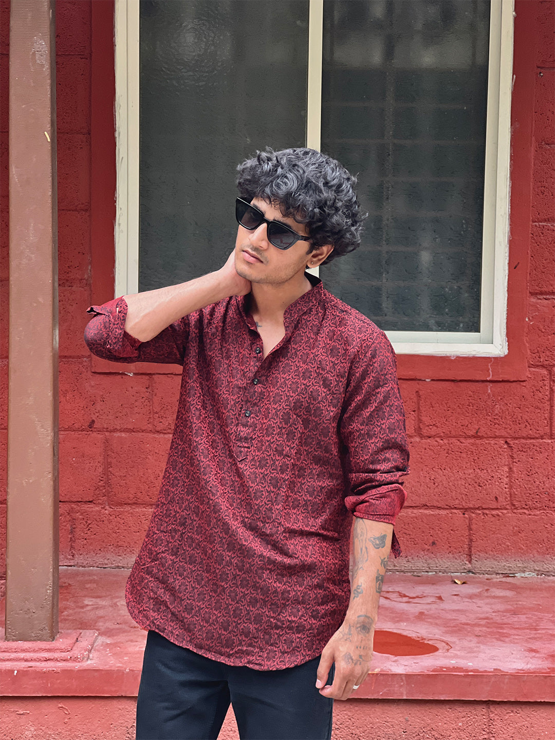 Red Printed Cotton Blend Short Kurta | SHOBITAM