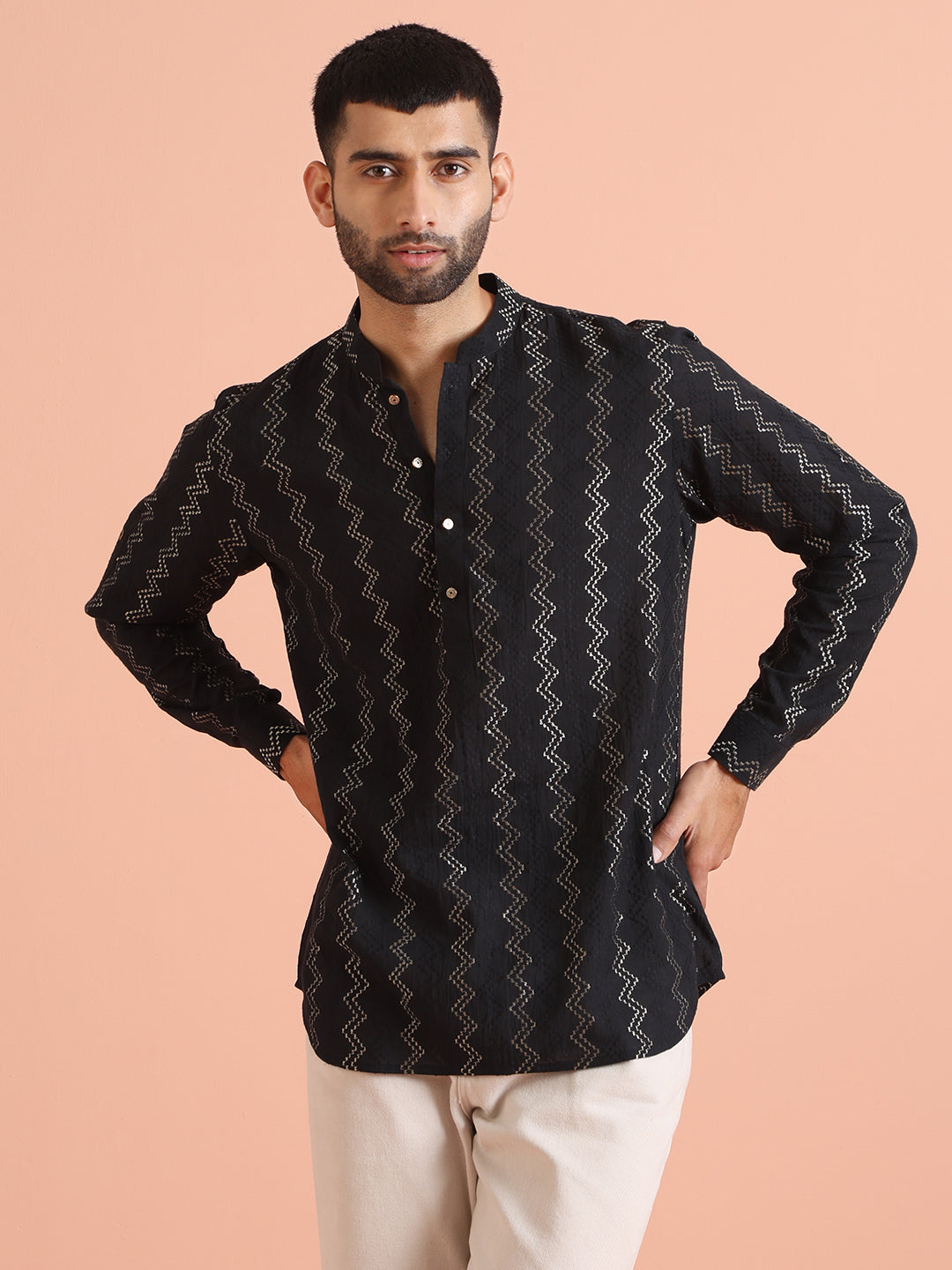 Black Silk Blend Metallic Short Kurta | SHOBITAM