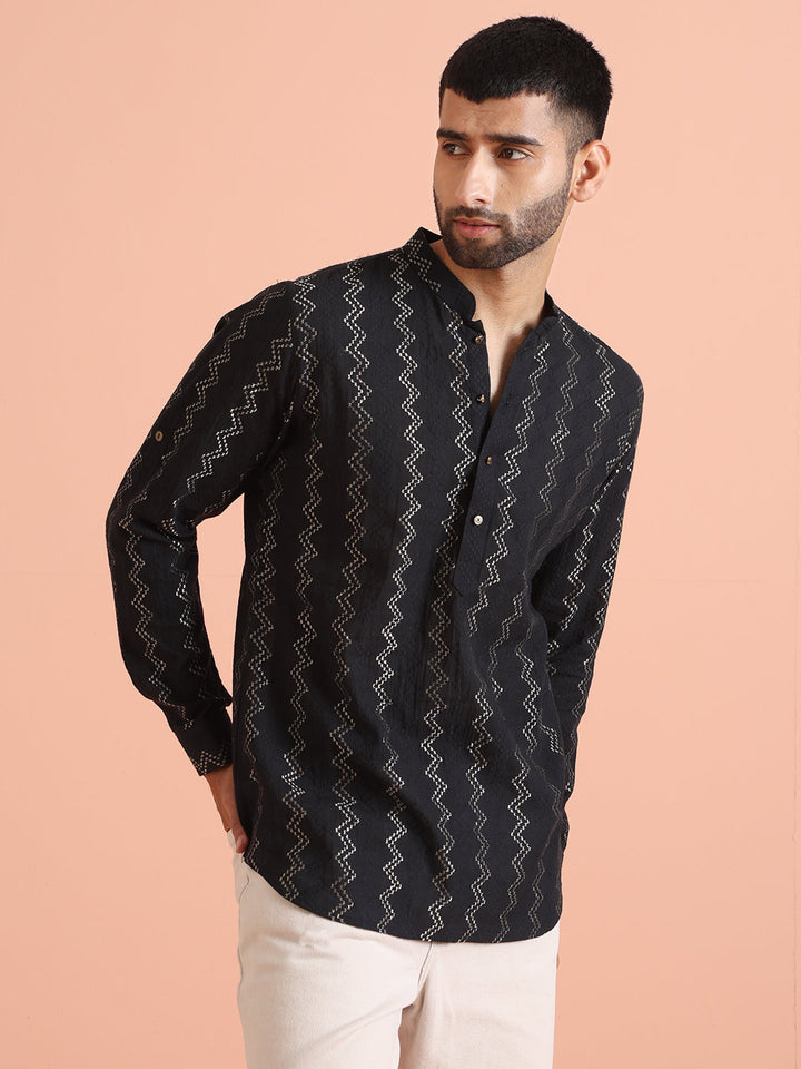 Black Silk Blend Metallic Short Kurta | SHOBITAM