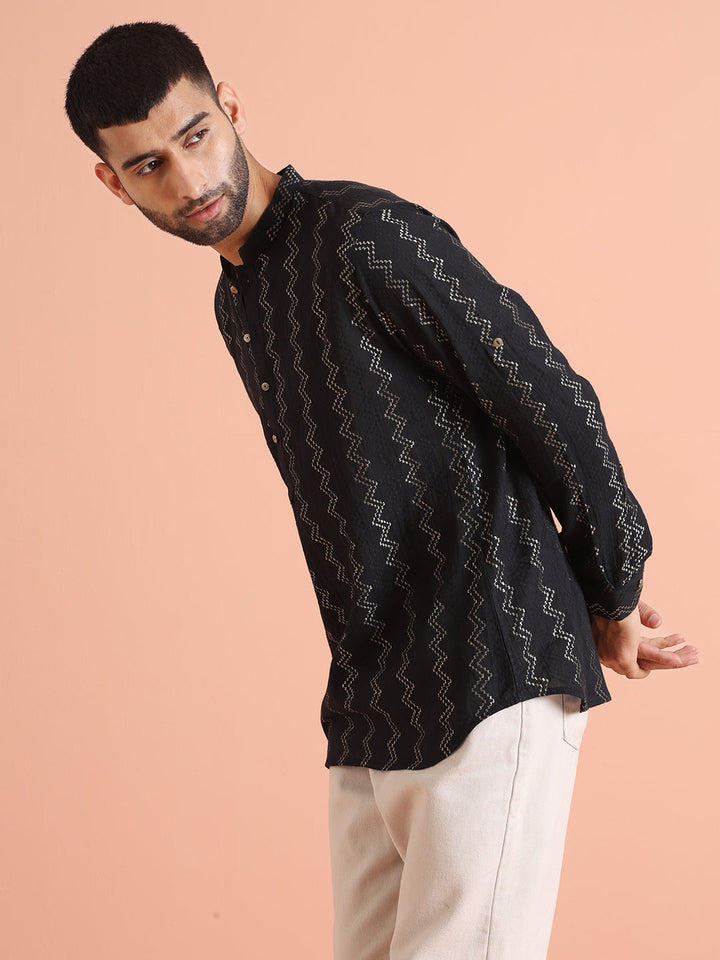 Black Silk Blend Metallic Short Kurta | SHOBITAM