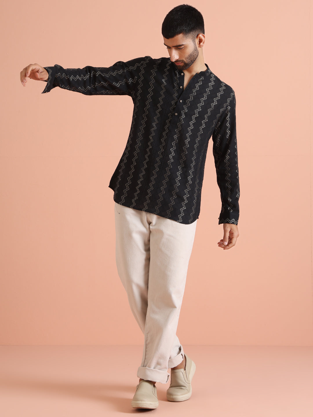 Black Silk Blend Metallic Short Kurta | SHOBITAM