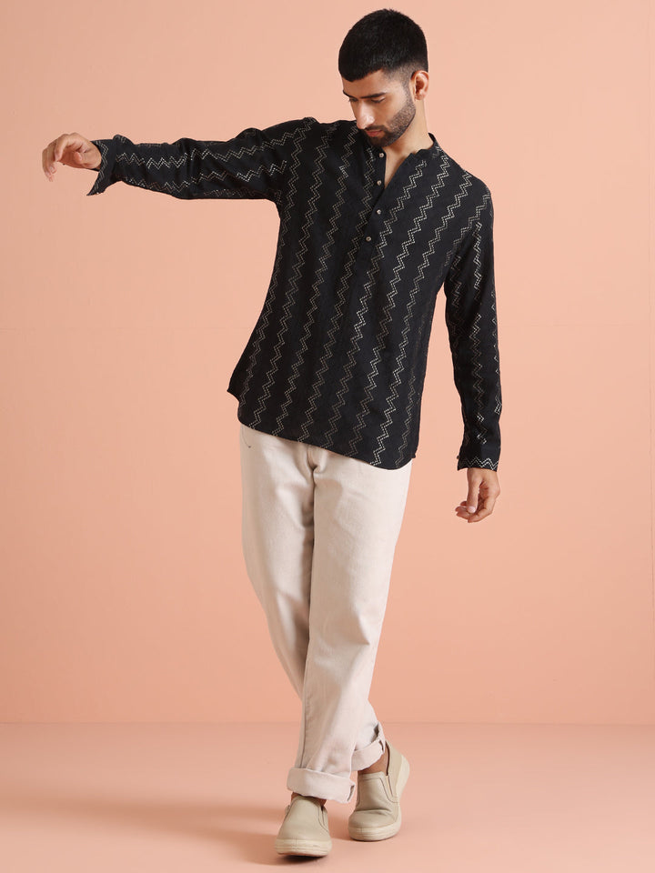 Black Silk Blend Metallic Short Kurta | SHOBITAM