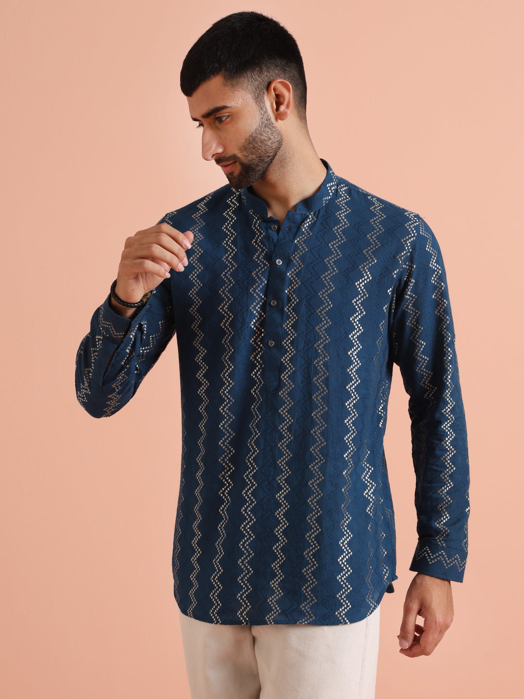 Blue Cotton Metallic Short Kurta | SHOBITAM