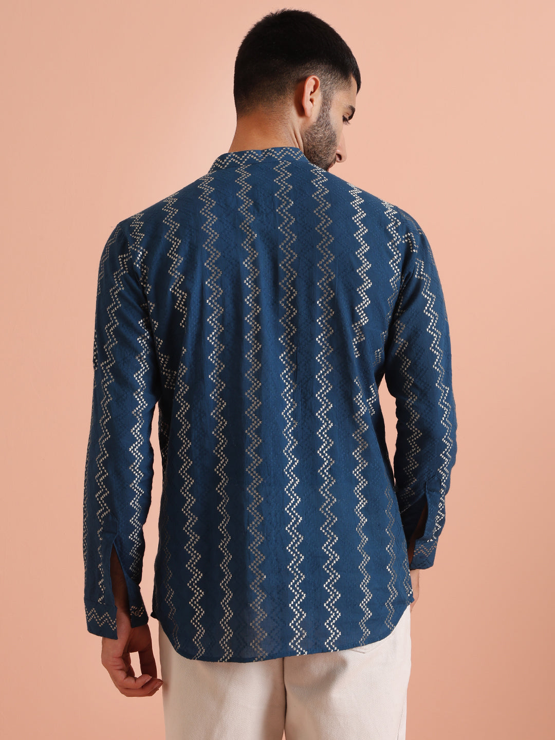 Blue Cotton Metallic Short Kurta | SHOBITAM