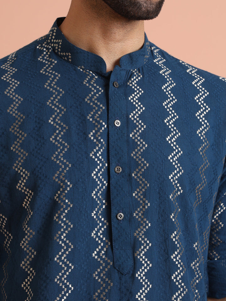 Blue Cotton Metallic Short Kurta | SHOBITAM