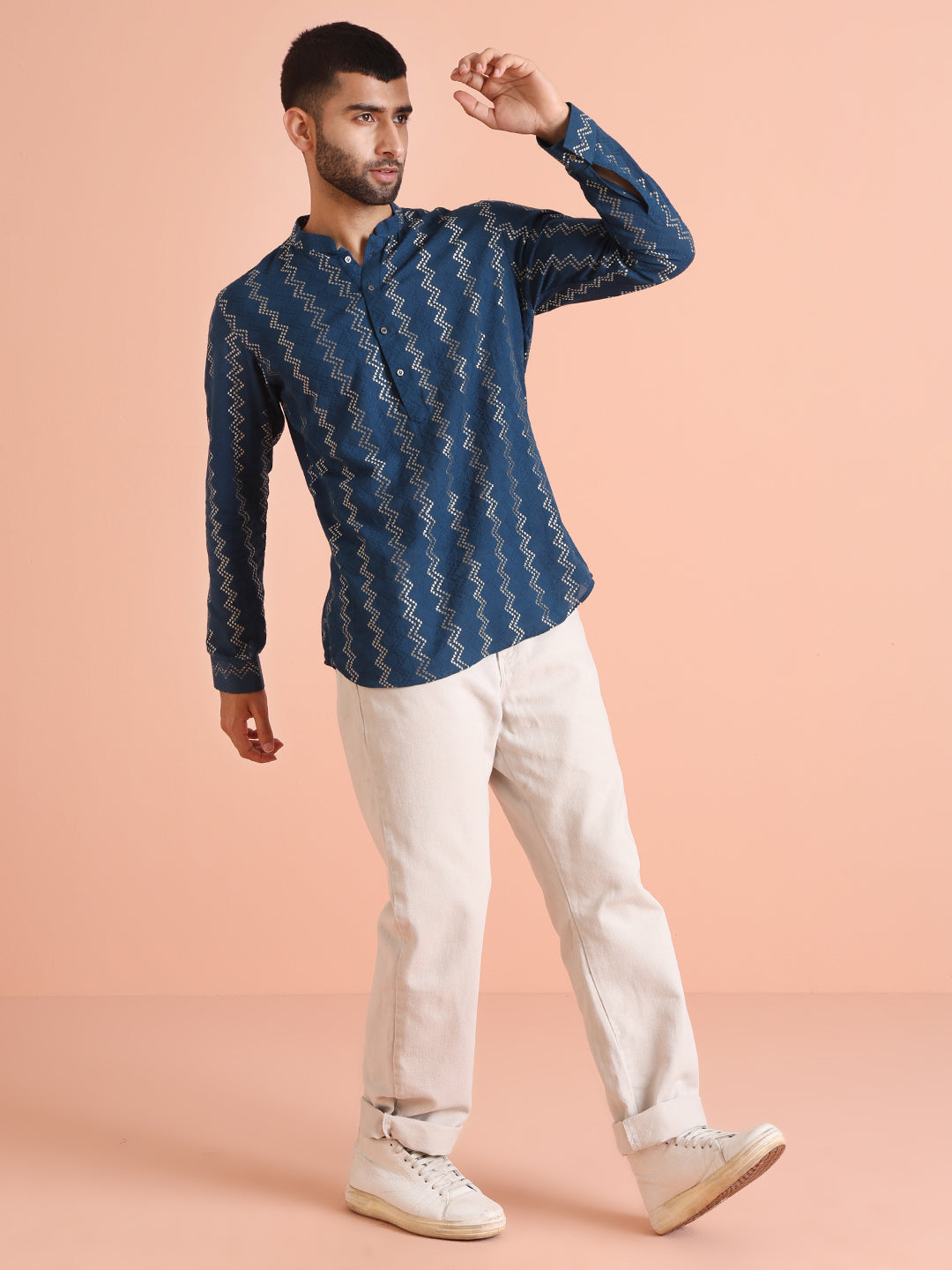 Blue Cotton Metallic Short Kurta | SHOBITAM