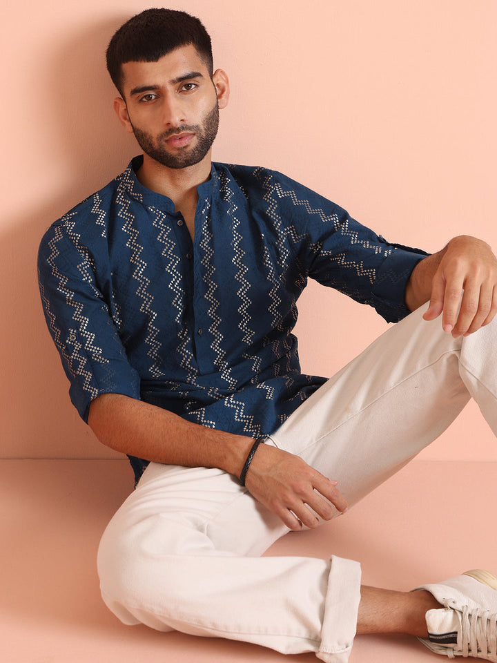 Blue Cotton Metallic Short Kurta | SHOBITAM