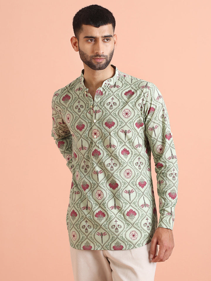 Green Cotton Printed Short Kurta | SHOBITAM