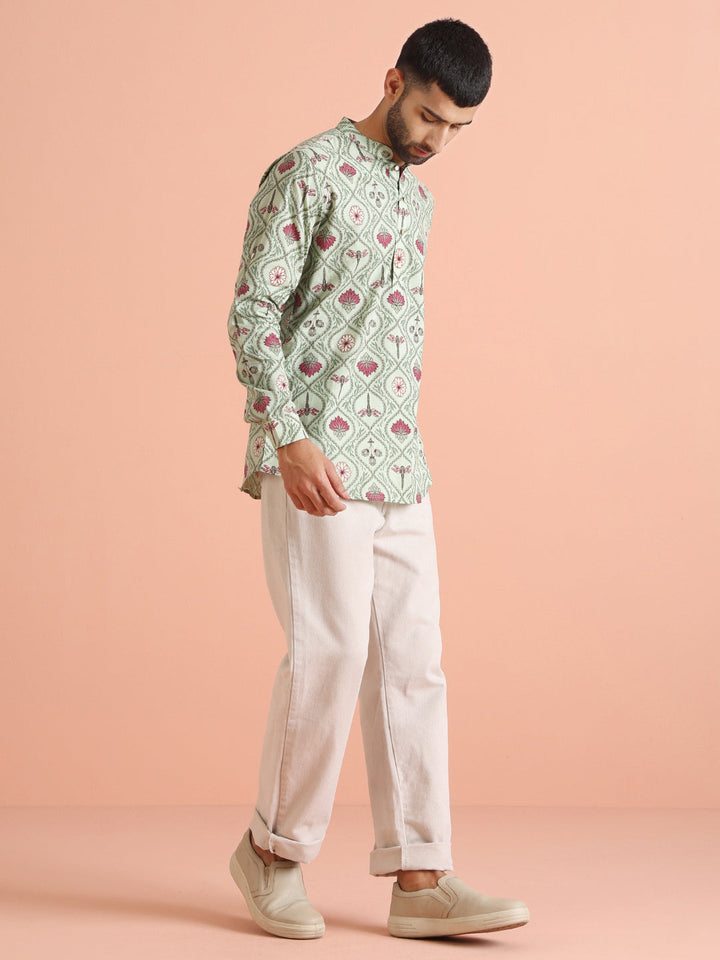 Green Cotton Printed Short Kurta | SHOBITAM
