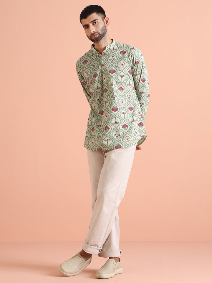 Green Cotton Printed Short Kurta | SHOBITAM