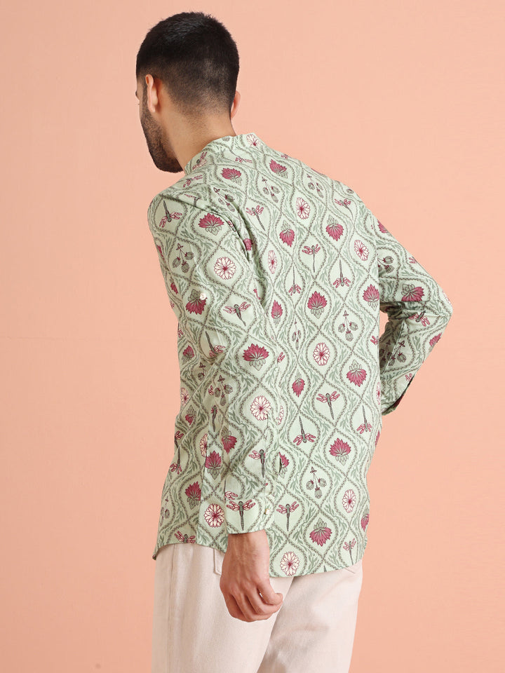 Green Cotton Printed Short Kurta | SHOBITAM
