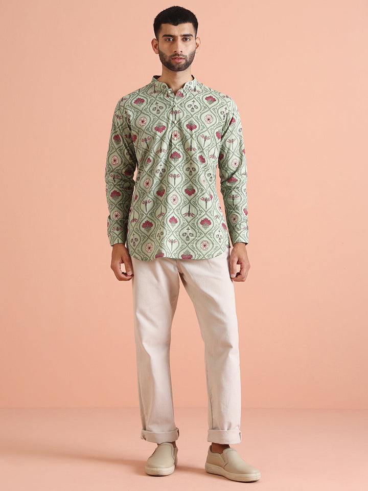 Green Cotton Printed Short Kurta | SHOBITAM