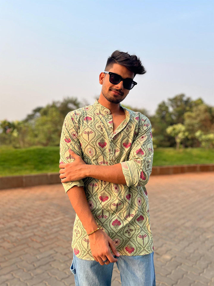 Green Cotton Printed Short Kurta | SHOBITAM