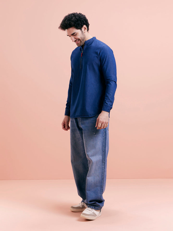 Blue Denim Zipper Short Kurta | SHOBITAM
