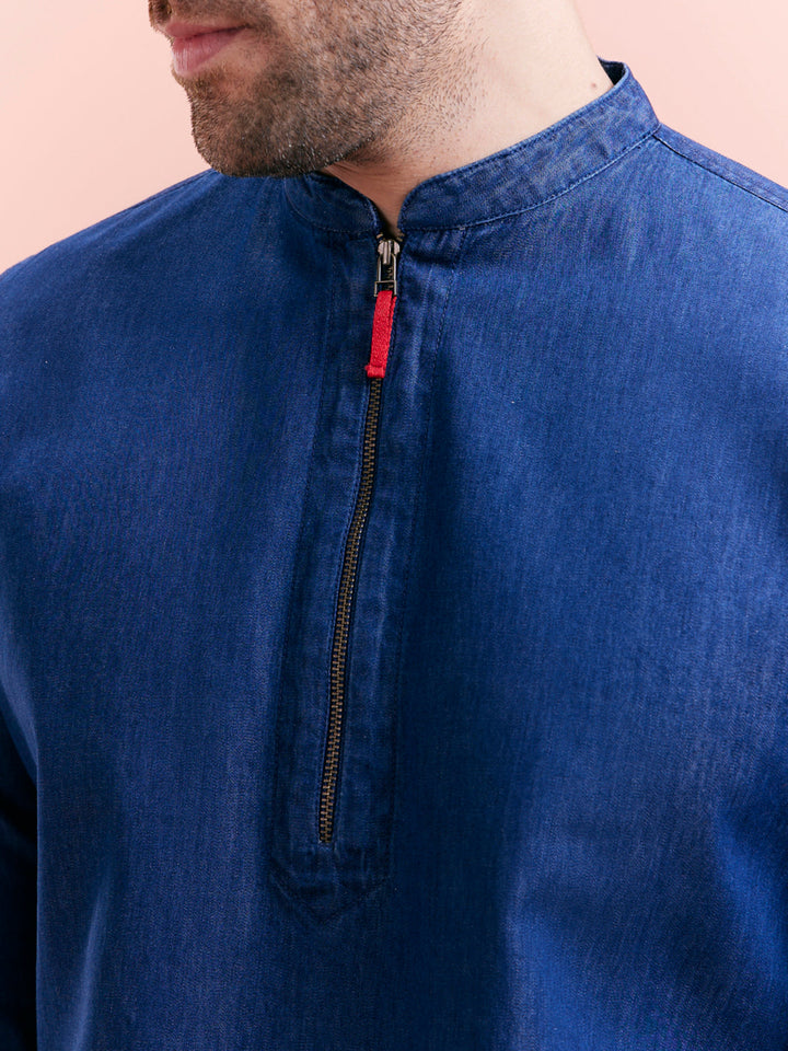 Blue Denim Zipper Short Kurta | SHOBITAM