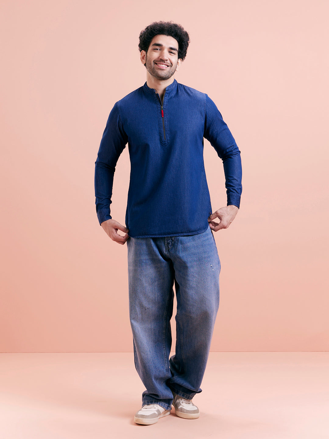 Blue Denim Zipper Short Kurta | SHOBITAM