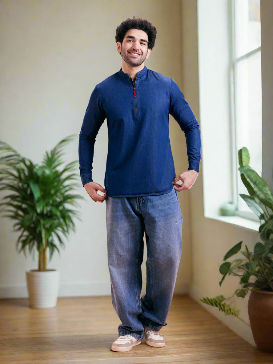Blue Denim Zipper Short Kurta | SHOBITAM
