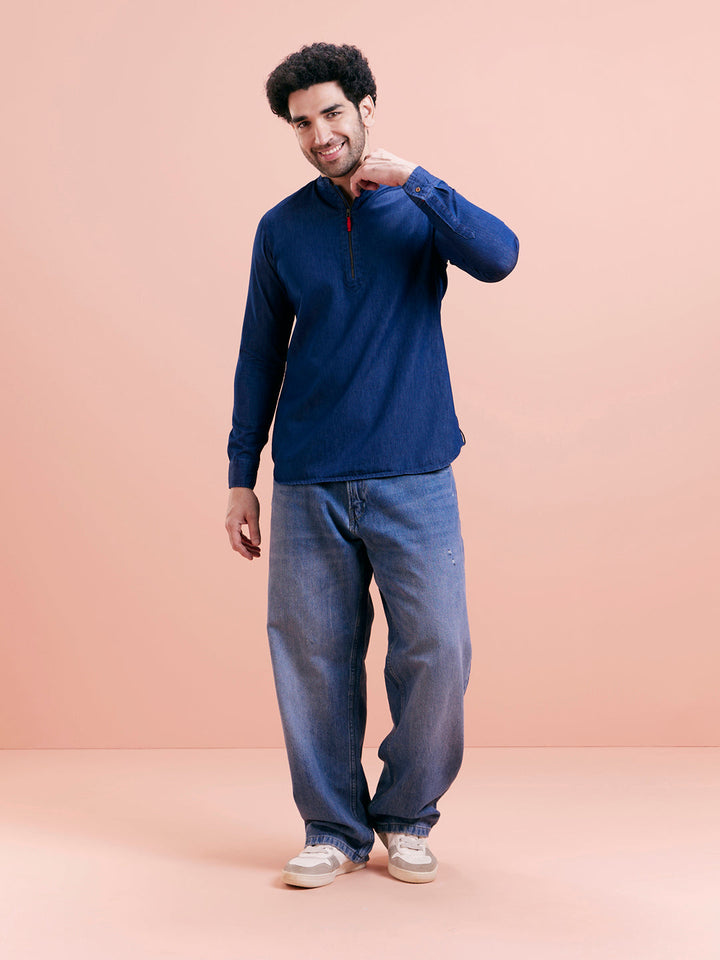 Blue Denim Zipper Short Kurta | SHOBITAM
