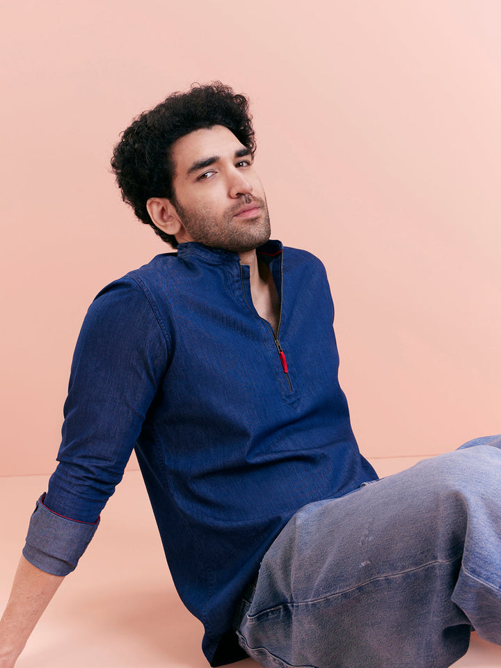 Blue Denim Zipper Short Kurta | SHOBITAM