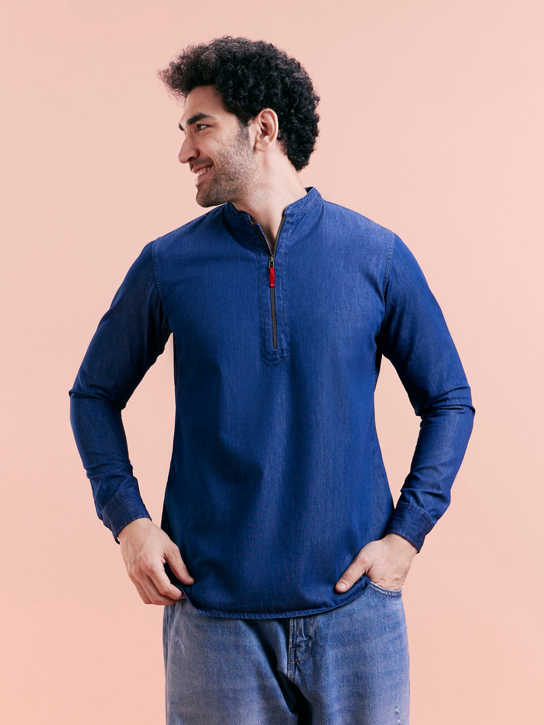 Blue Denim Zipper Short Kurta | SHOBITAM