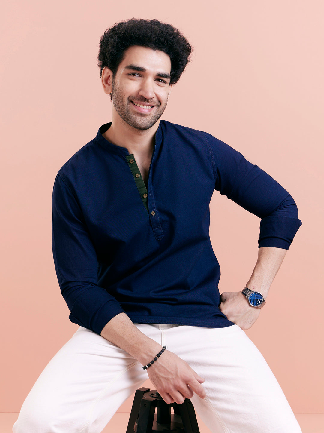Navy Blue Denim Solid Short Kurta | SHOBITAM