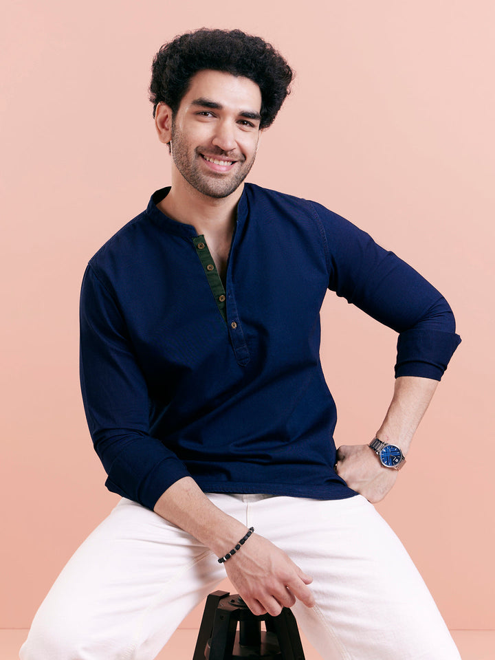 Navy Blue Denim Solid Short Kurta | SHOBITAM