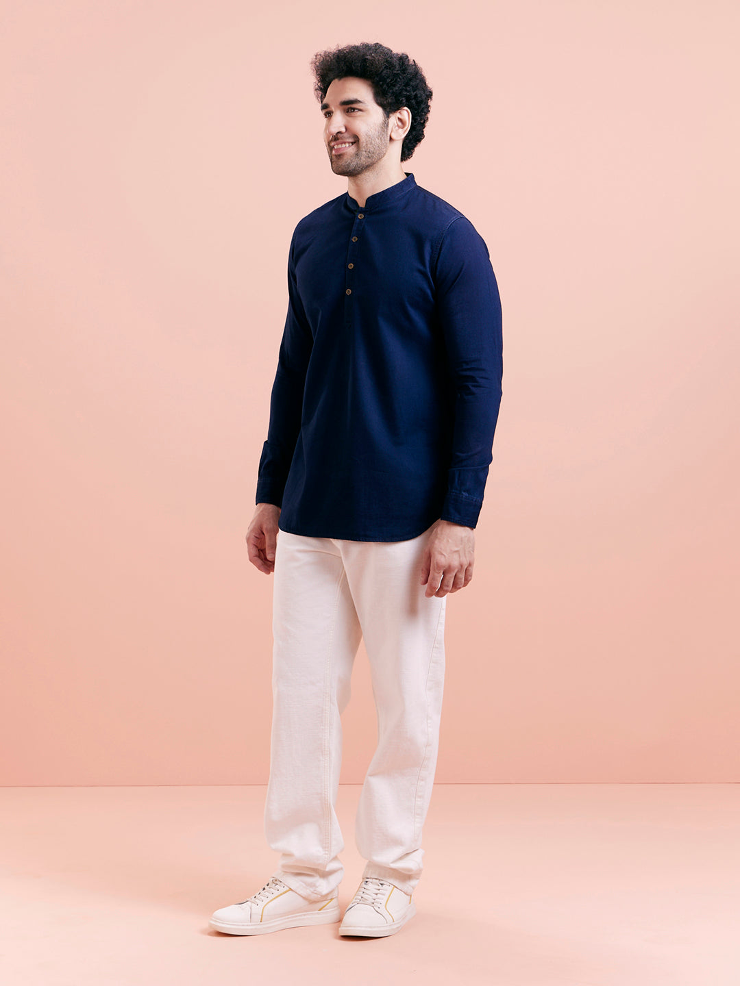 Navy Blue Denim Solid Short Kurta | SHOBITAM