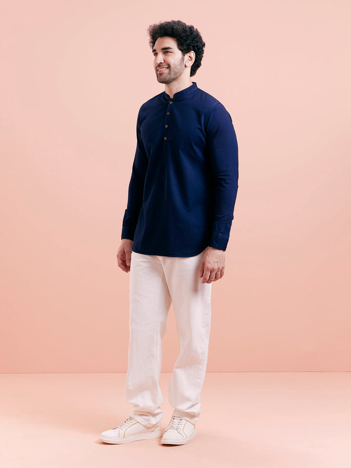 Navy Blue Denim Solid Short Kurta | SHOBITAM