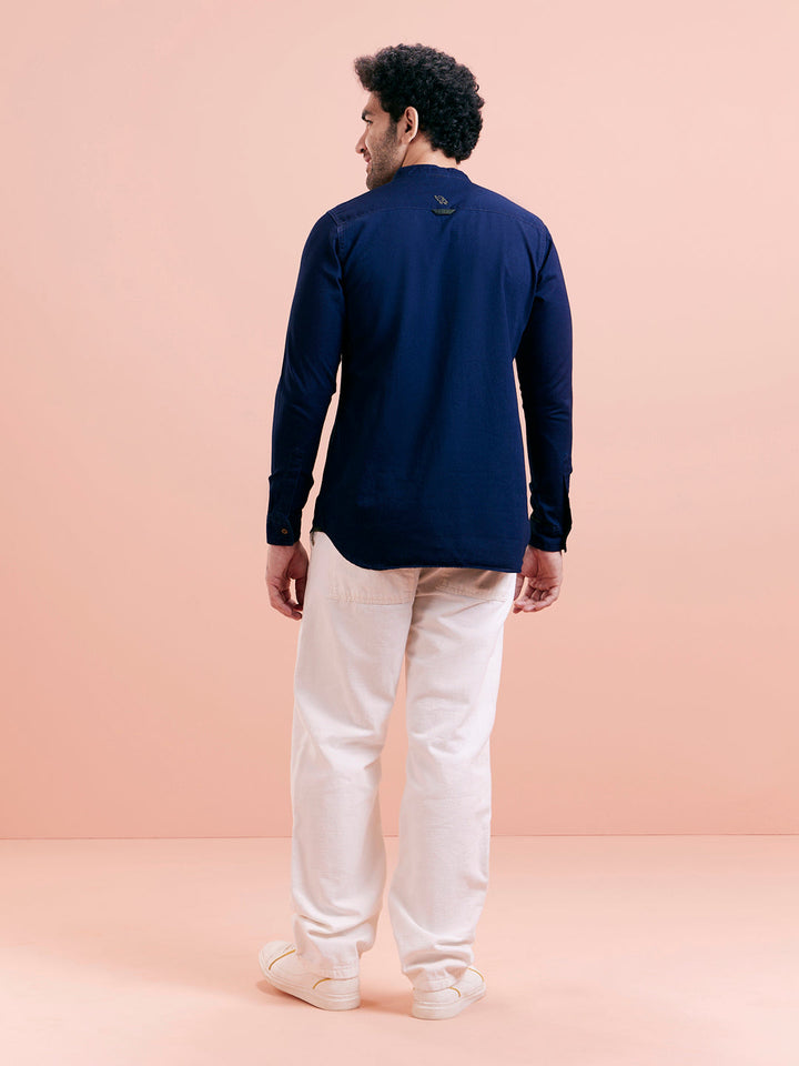 Navy Blue Denim Solid Short Kurta | SHOBITAM