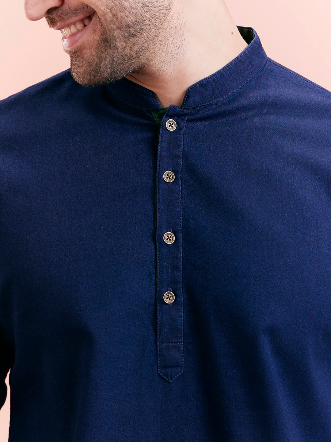 Navy Blue Denim Solid Short Kurta | SHOBITAM
