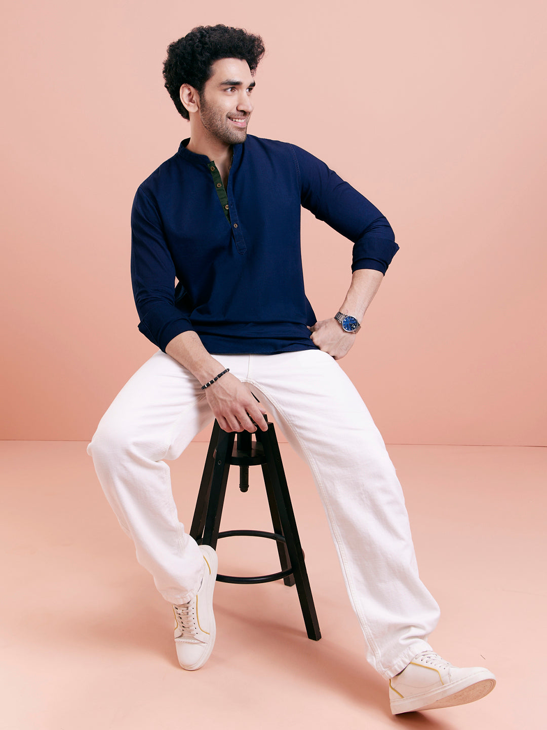 Navy Blue Denim Solid Short Kurta | SHOBITAM