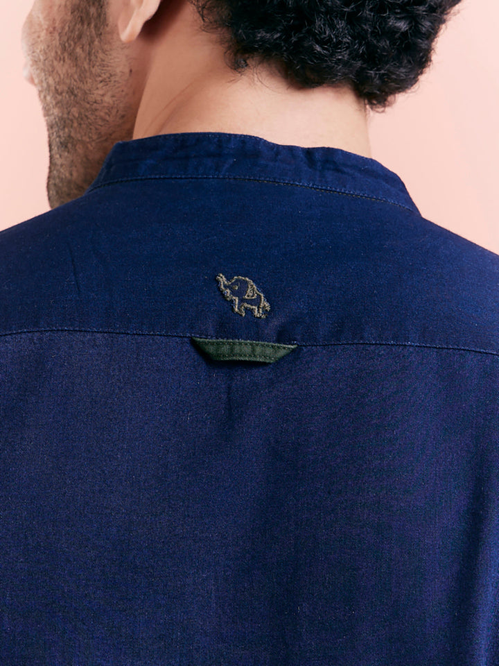 Navy Blue Denim Solid Short Kurta | SHOBITAM