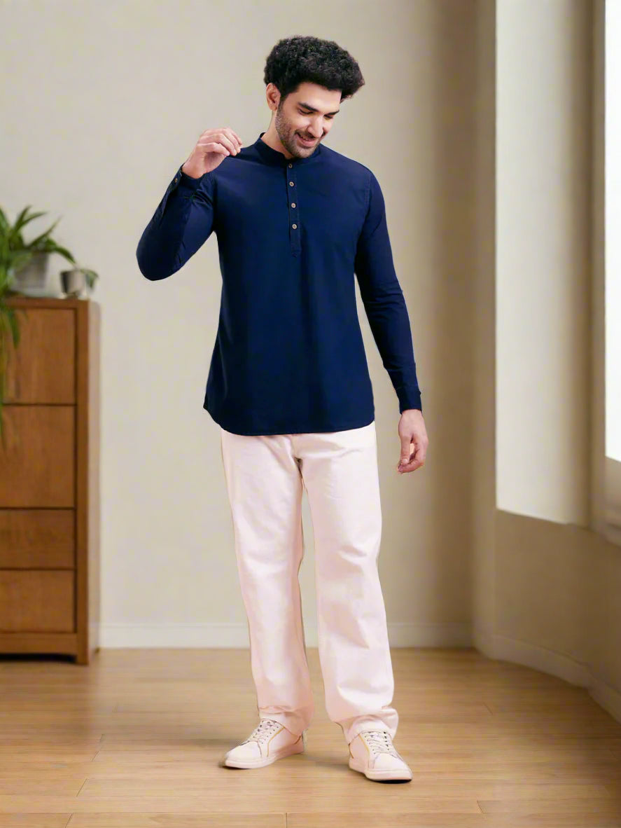 Navy Blue Denim Solid Short Kurta | SHOBITAM