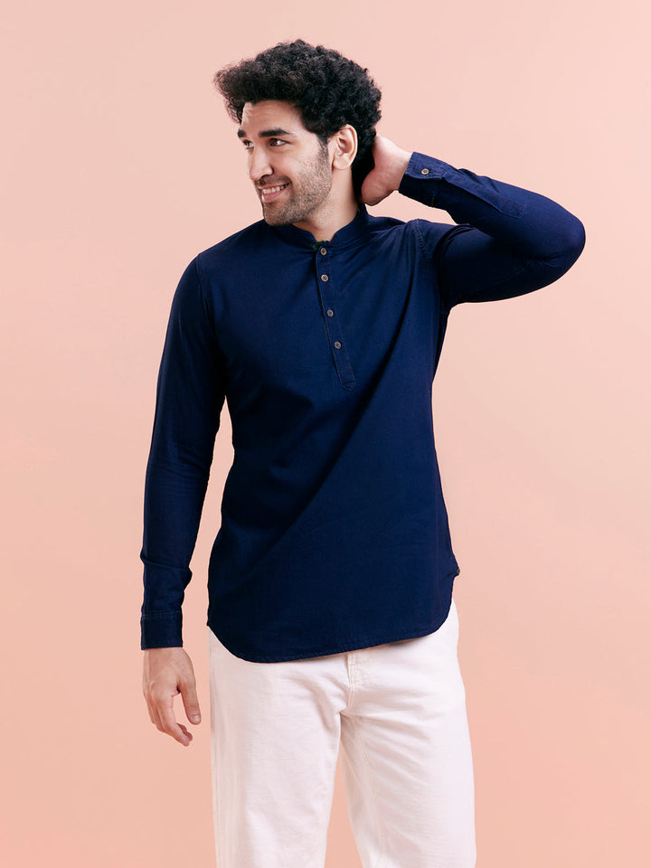 Navy Blue Denim Solid Short Kurta | SHOBITAM