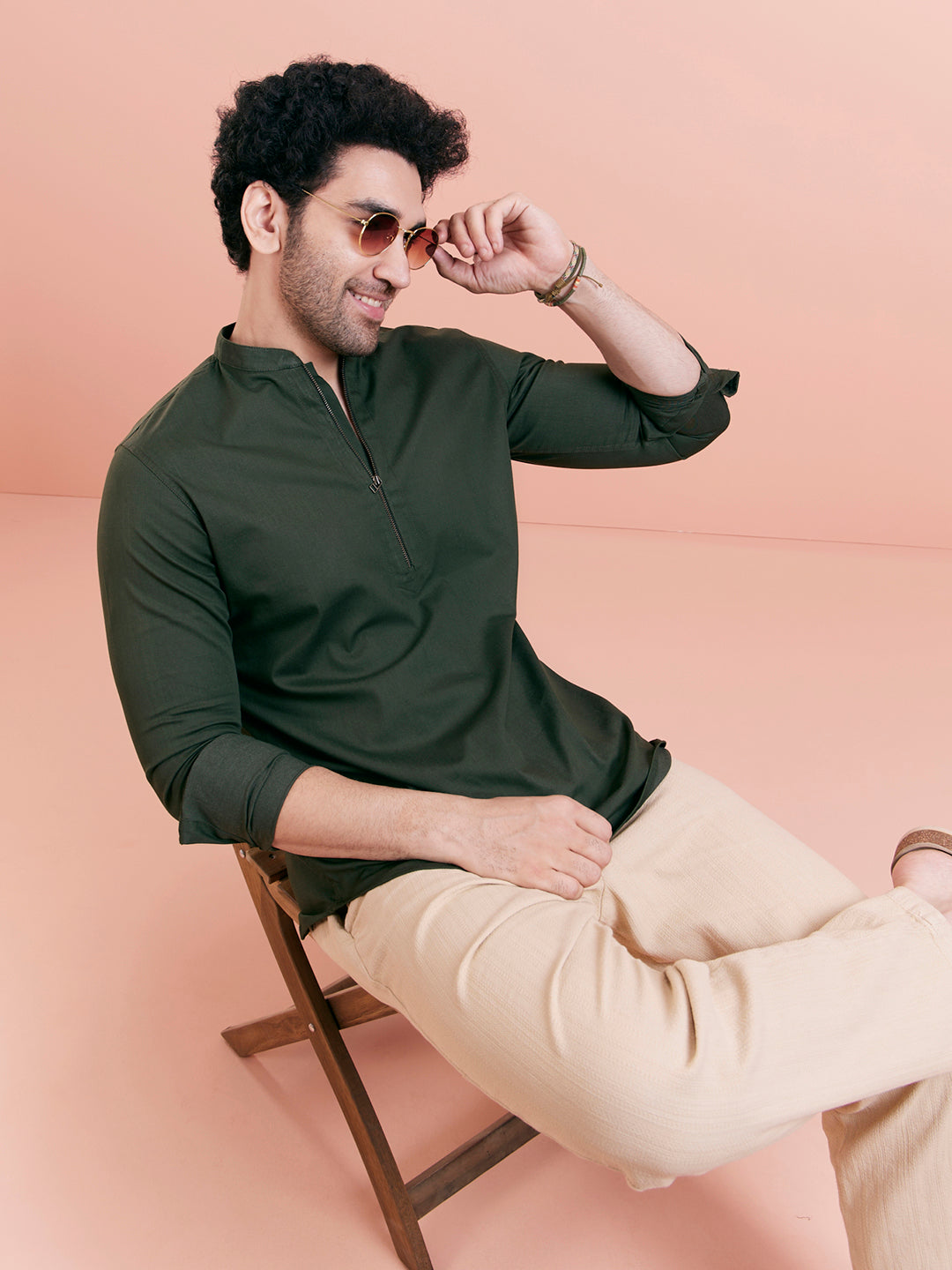 Olive Green Denim Short Kurta | SHOBITAM