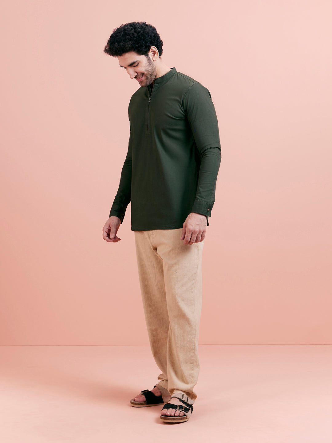 Olive Green Denim Short Kurta | SHOBITAM
