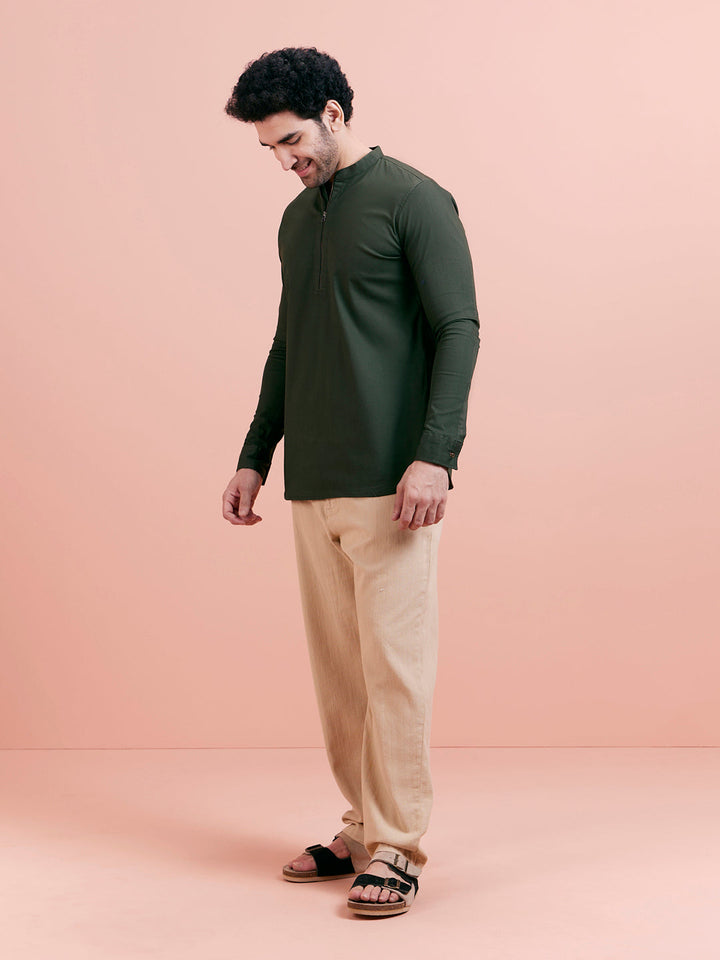 Olive Green Denim Short Kurta | SHOBITAM