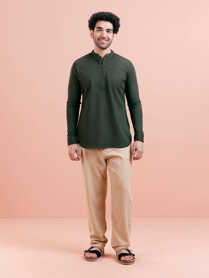 Olive Green Denim Short Kurta | SHOBITAM