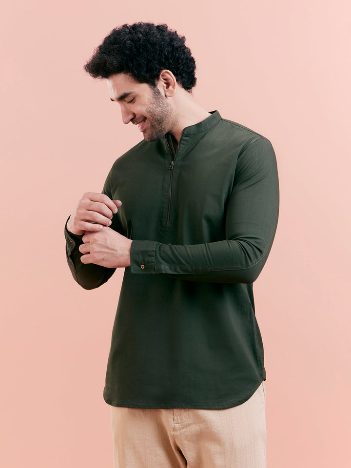 Olive Green Denim Short Kurta | SHOBITAM