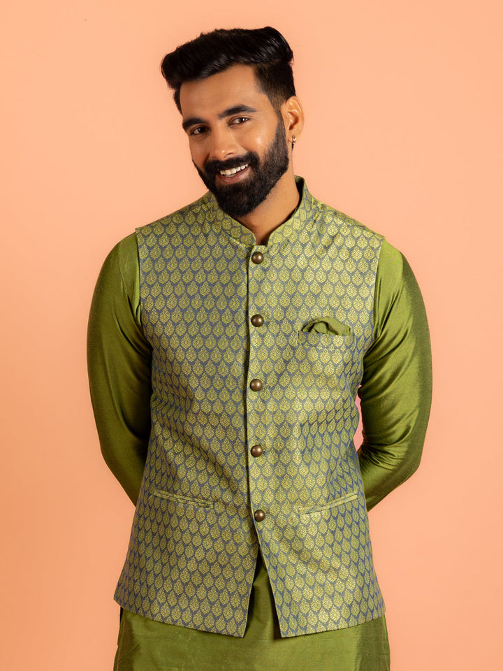 Green Silk Blend Jacquard Nehru Jacket | SHOBITAM