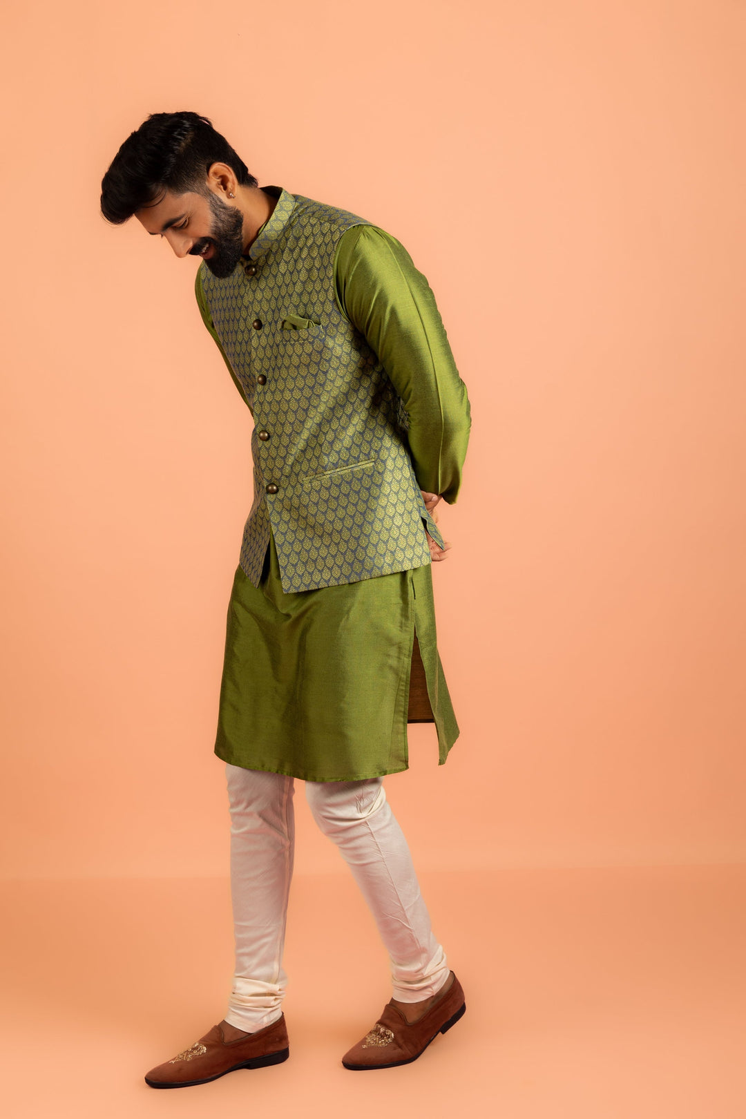 Green Silk Blend Jacquard Nehru Jacket | SHOBITAM