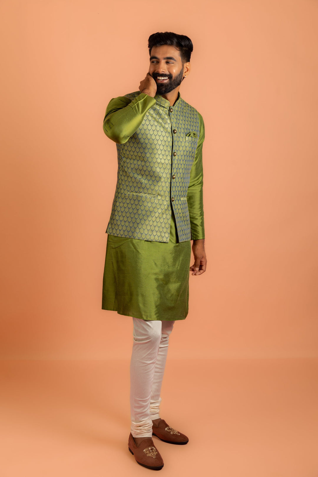 Green Silk Blend Jacquard Nehru Jacket | SHOBITAM