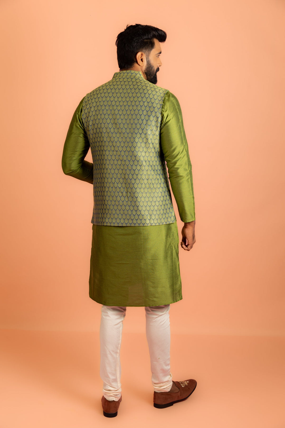 Green Silk Blend Jacquard Nehru Jacket | SHOBITAM