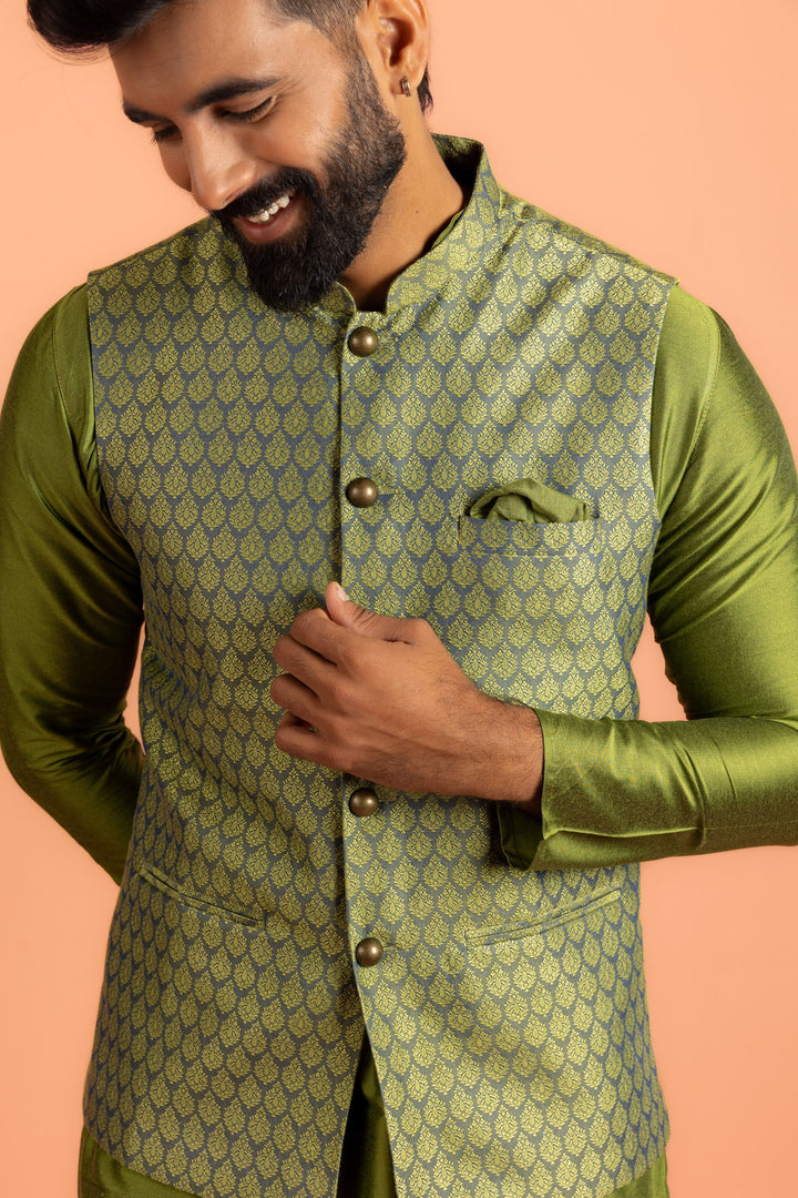Green Silk Blend Jacquard Nehru Jacket | SHOBITAM