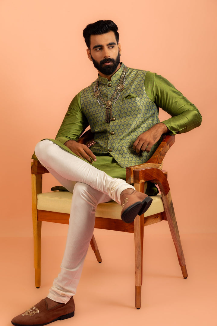 Green Silk Blend Jacquard Nehru Jacket | SHOBITAM