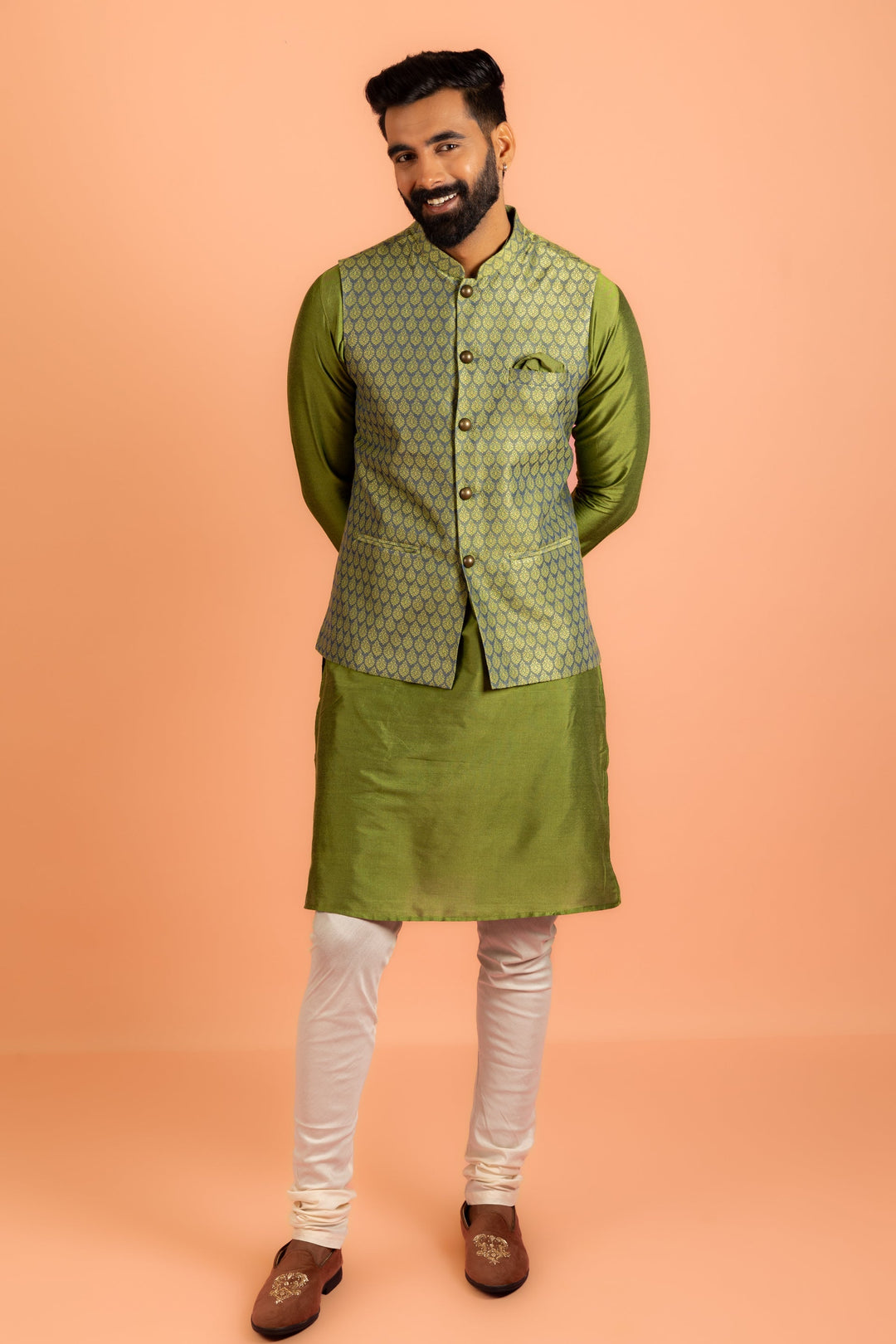 Green Silk Blend Jacquard Nehru Jacket | SHOBITAM